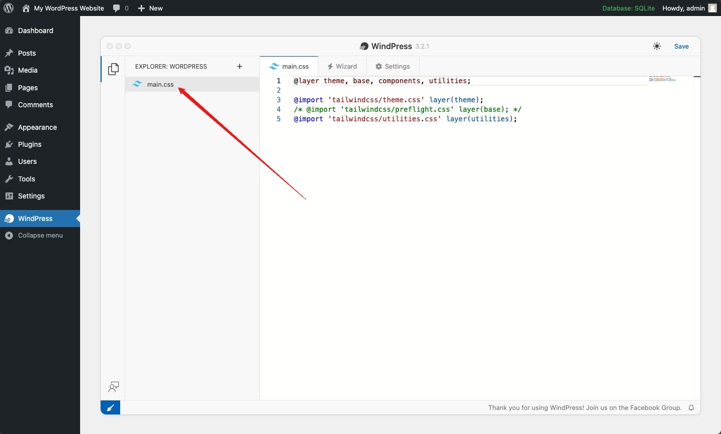 The main.css file editor