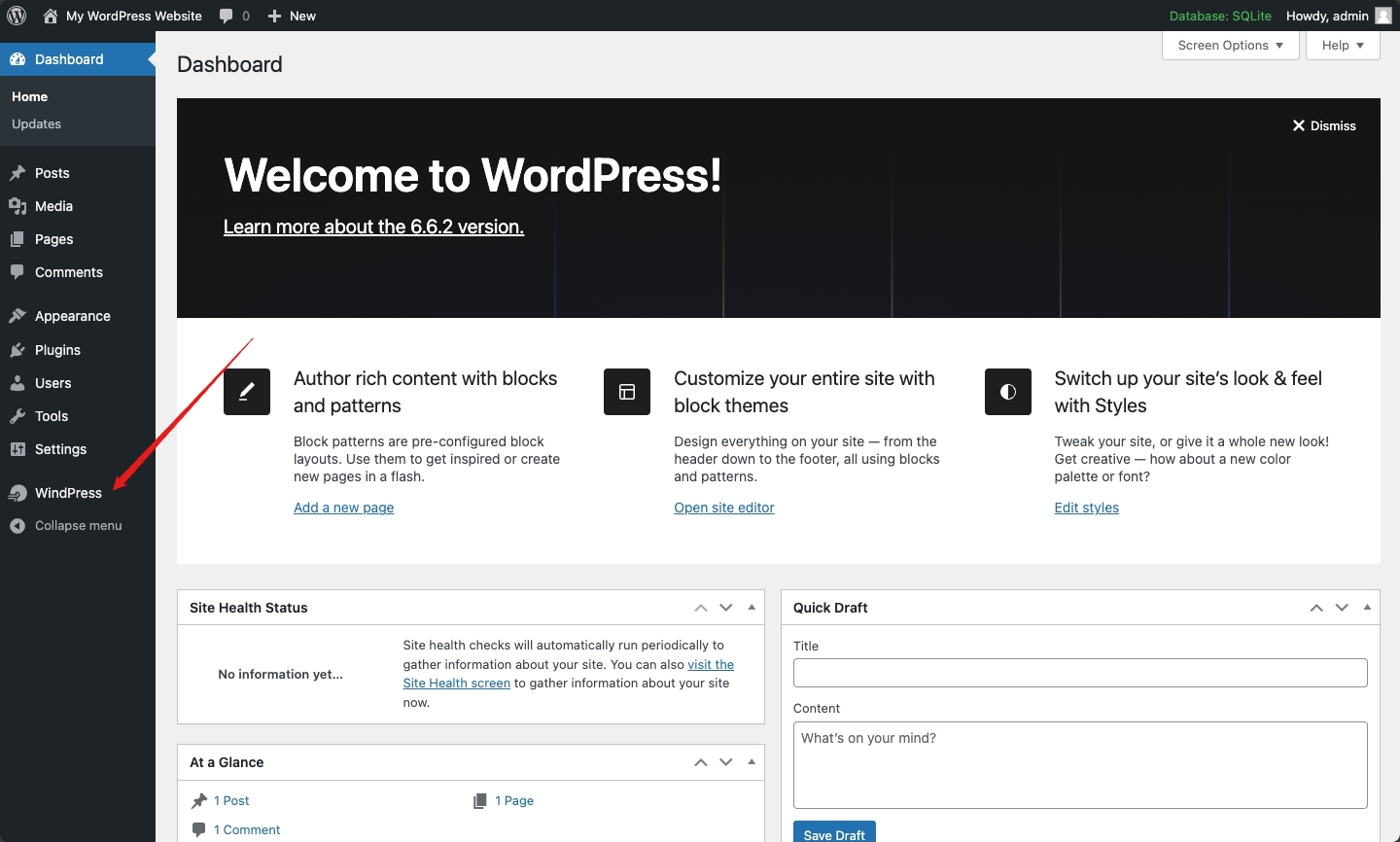 Navigate to the WindPress admin screen