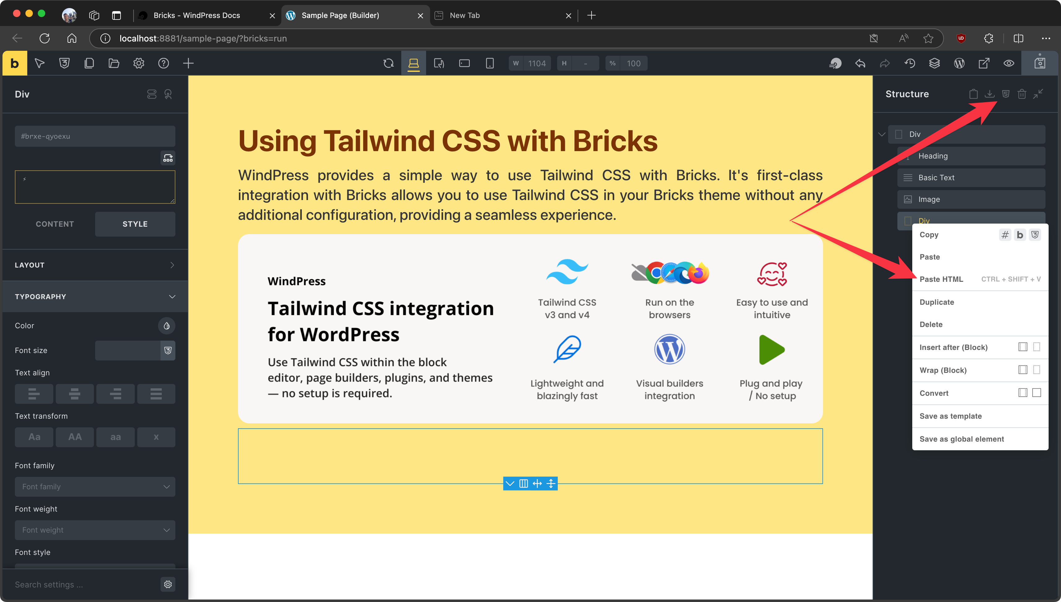 Paste HTML code into the Bricks editor